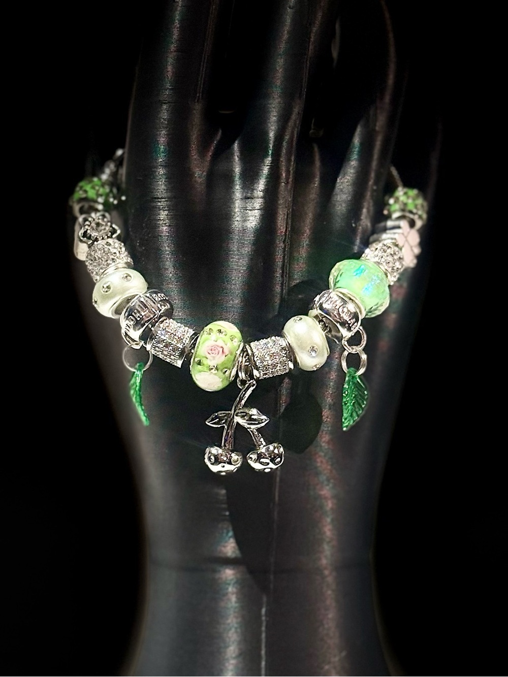 Elegant Silver and Green Charm Bracelet